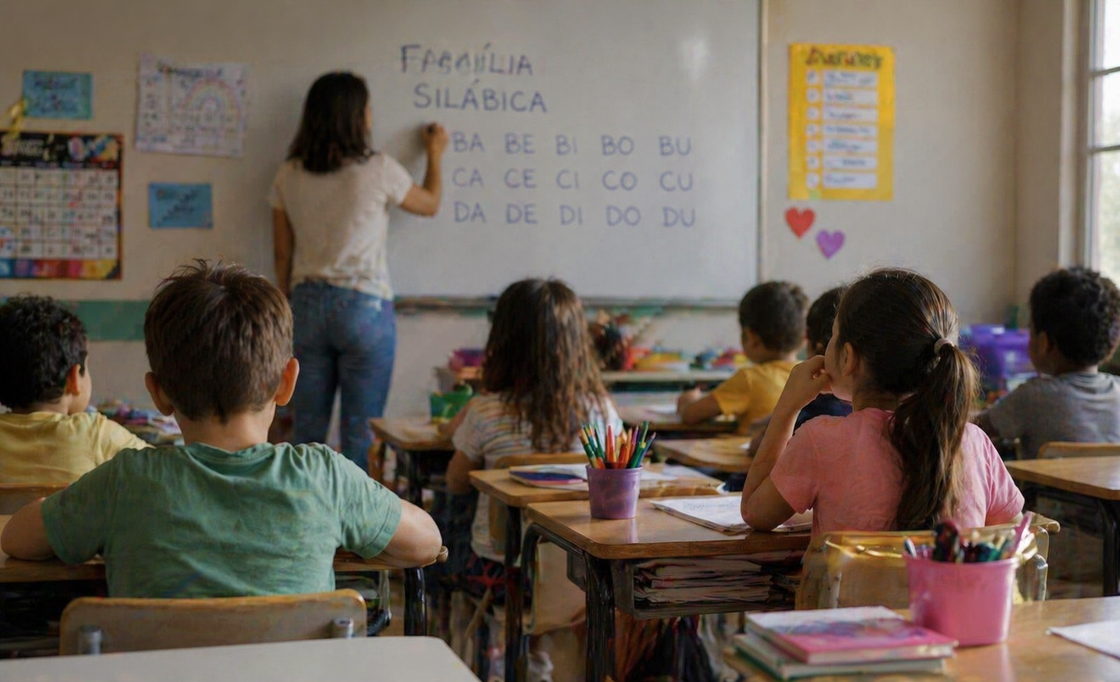 Professora escrevendo na lousa em sala de aula com alunos